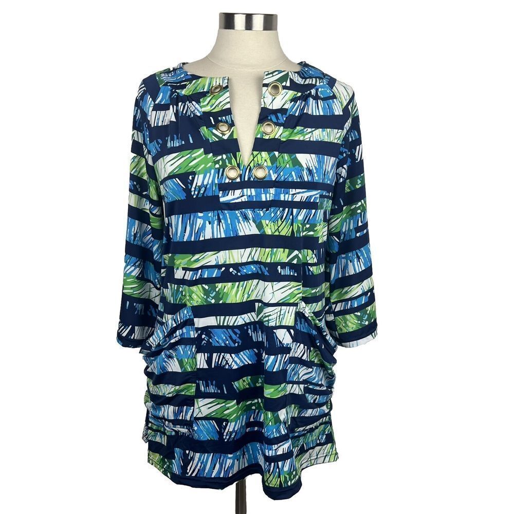 Saint Tropez West Swim Tunic Dress S Womens New Blue Green Print Pockets V Neck